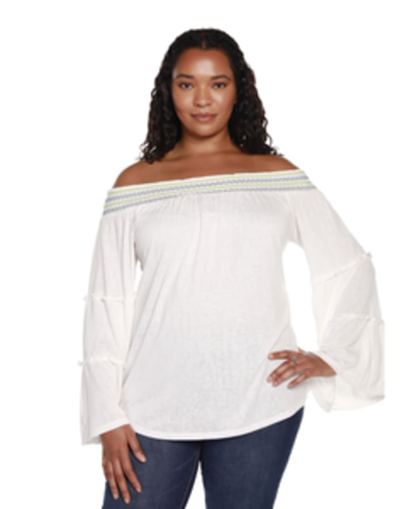 Front of a model wearing a size 1X Felicity Off The Shoulder Top in WHITE COMBO by Belldini Black Label. | dia_product_style_image_id:245808